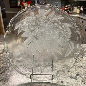 Vintage Christmas Glass Platter Frosted Holiday Bells Pinecone Holly Scalloped